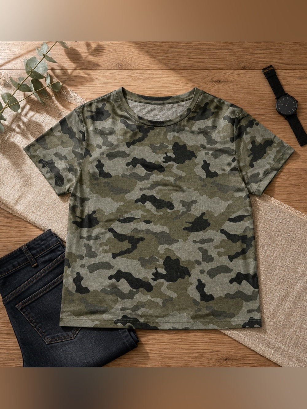 ZARA ~ Women's Casual Camouflage T-Shirt Short Sleeve Crew Neck Camo Tee